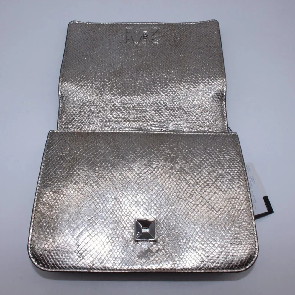 Michael Kors Silver Snake Mott Leather Chain Swag Shoulder Crossbody Bag Purse